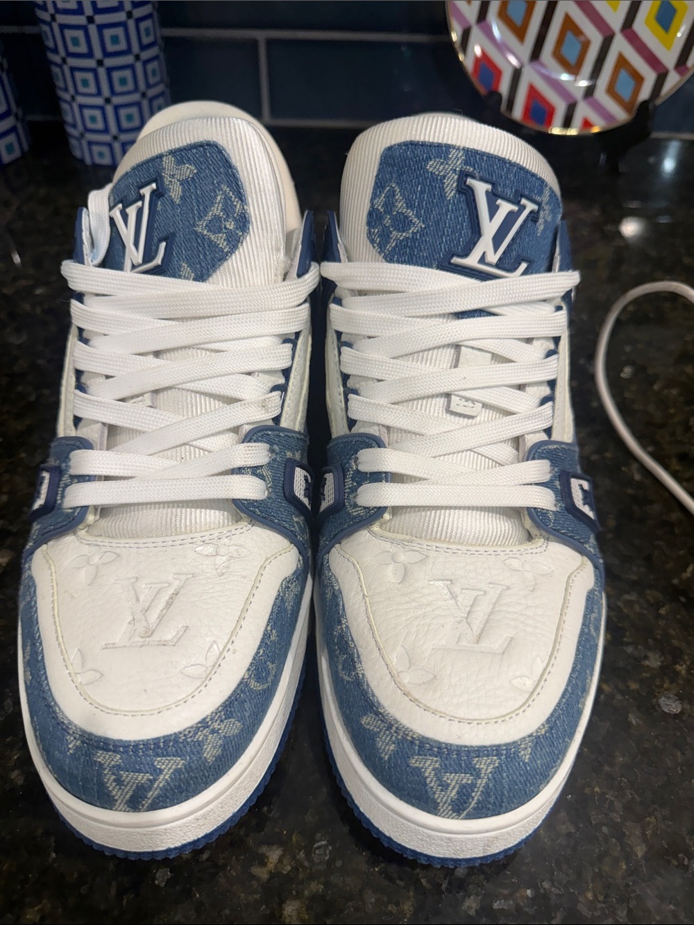 Louis Vuitton White & Blue Denim Monogram Sneakers